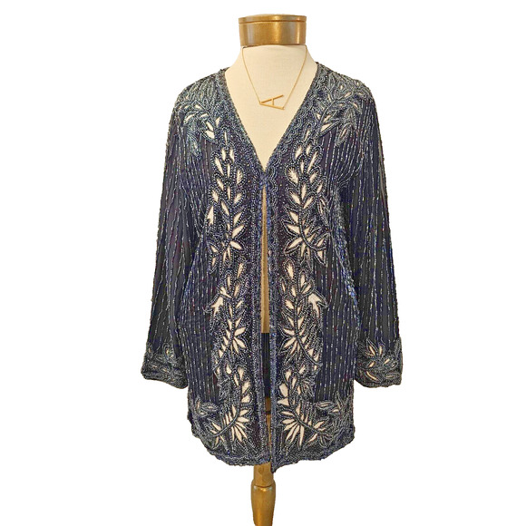 Vintage Jacket Womens Sz 18* Black Silk Sequins Beads Blazer Evening Formal - Picture 2 of 8